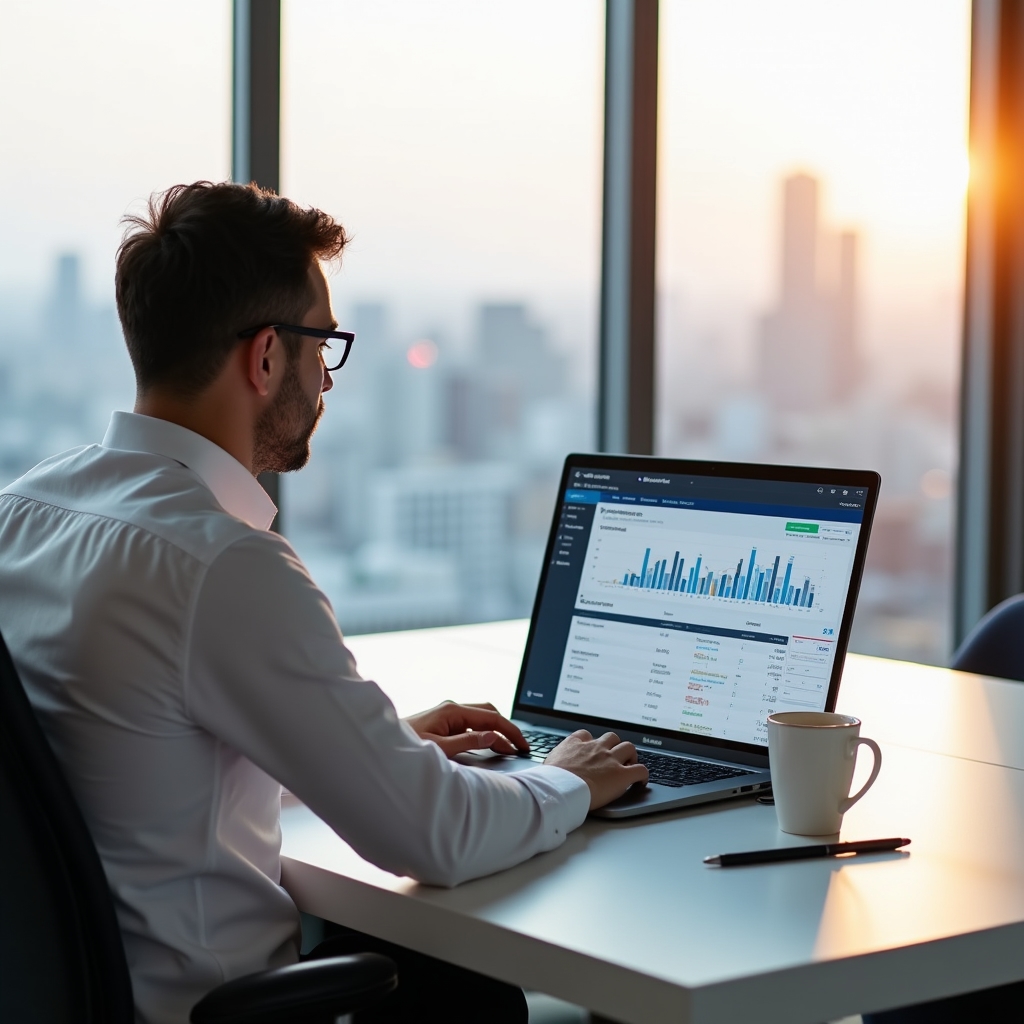 Building administrator reviewing access control dashboard on laptop
