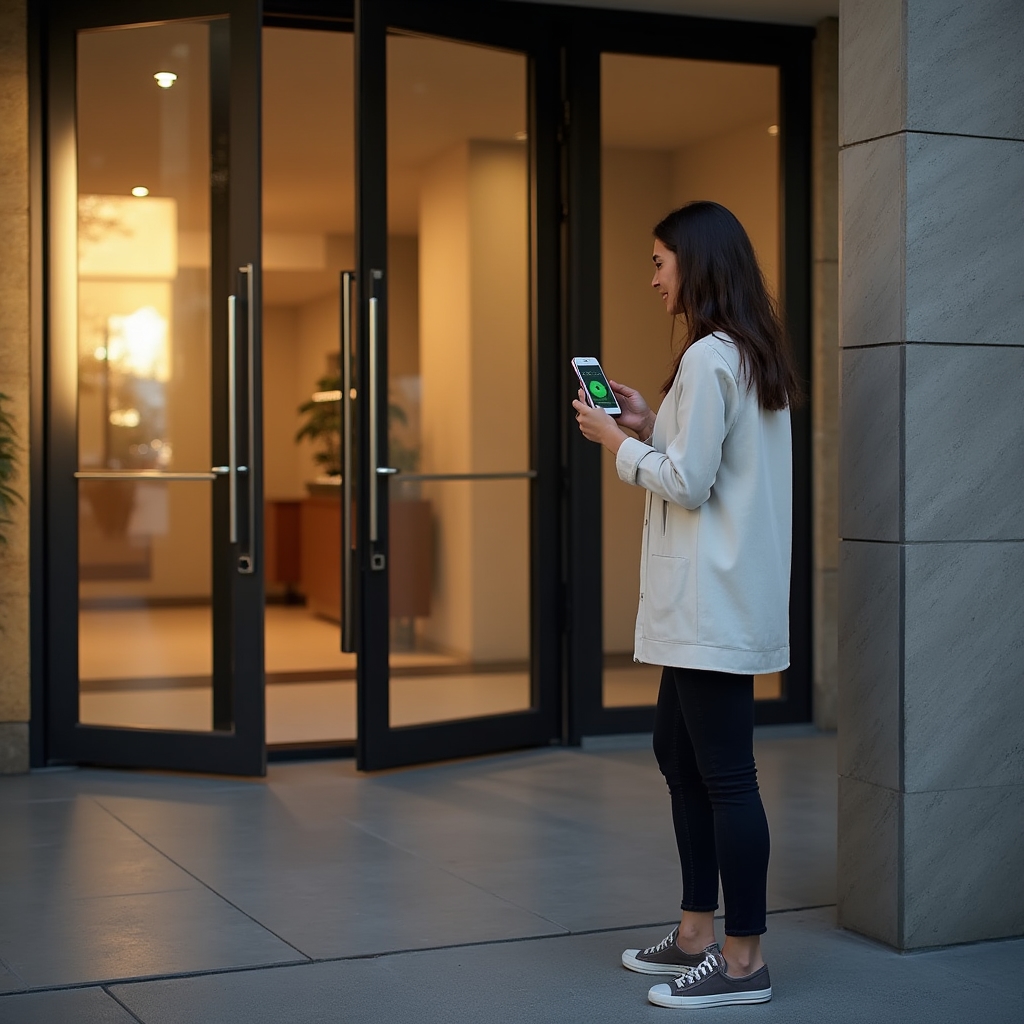 Resident using mobile app to open building entrance in Santiago