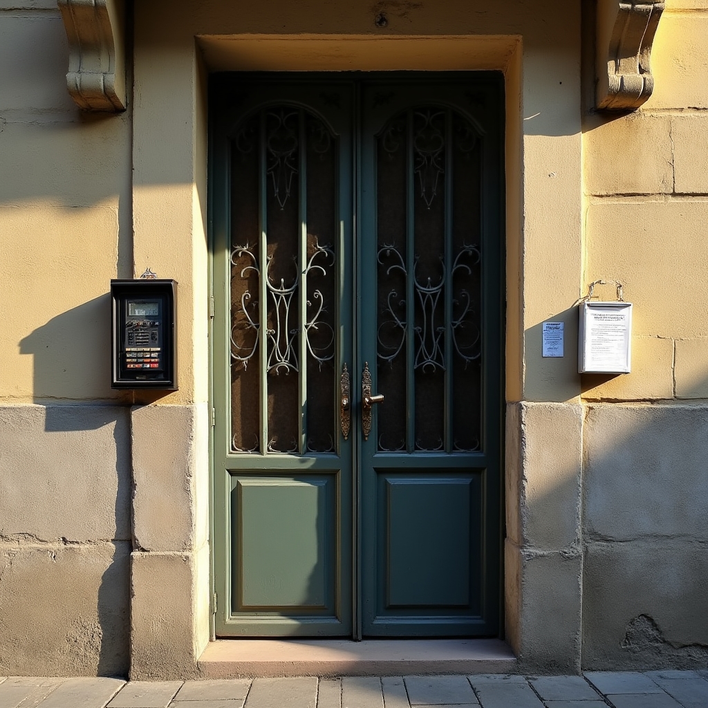 Traditional residential building entrance in Santiago with standard intercom panel and gate