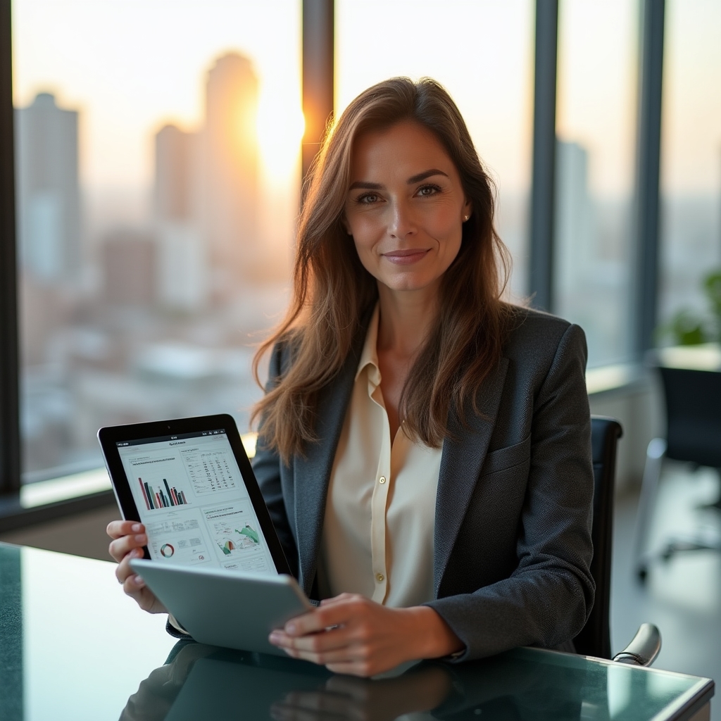 Property manager reviewing building access reports on a tablet in a Santiago office